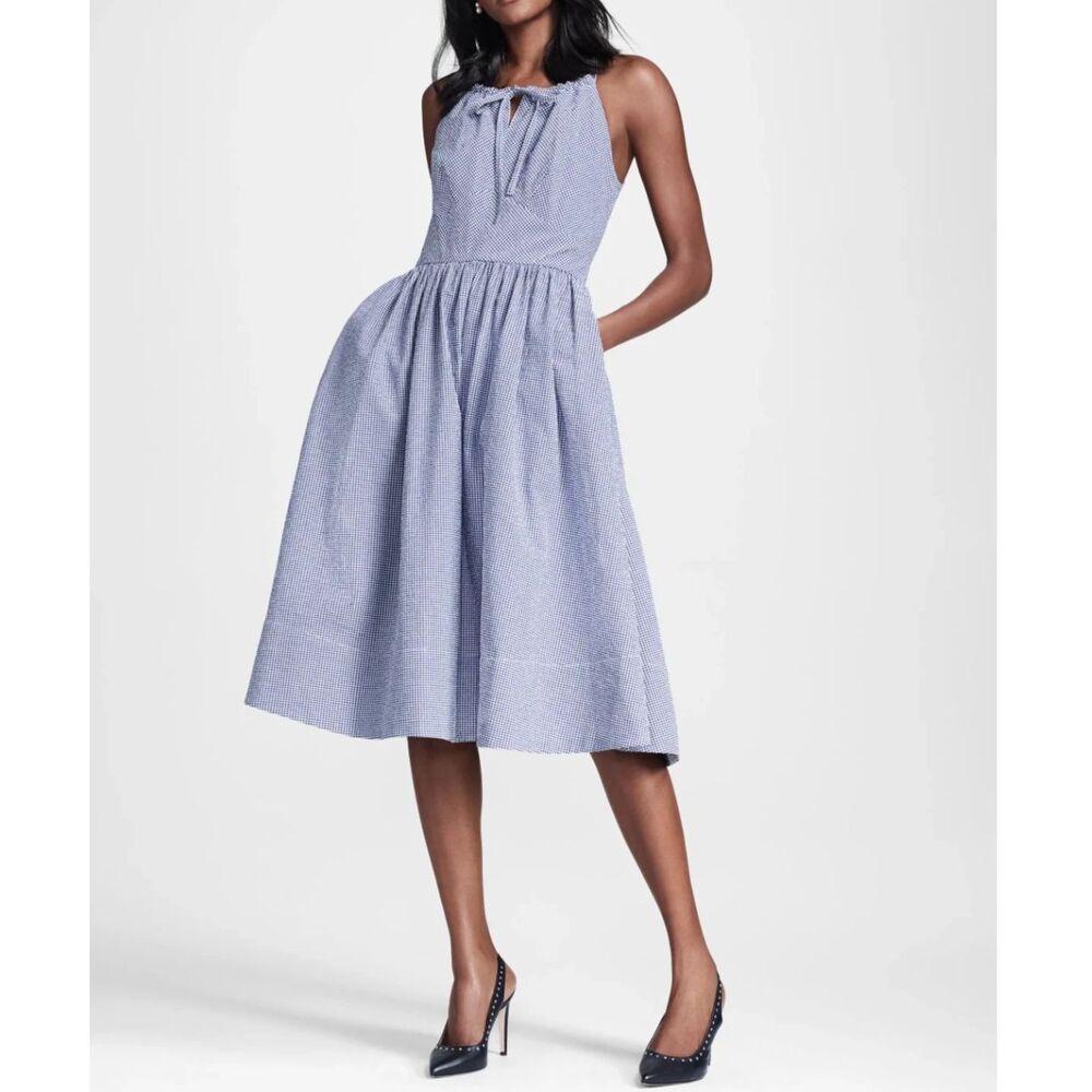 Brooks Brothers Women's Gingham Halter Maxi Dress Blue White Size 6. Pockets